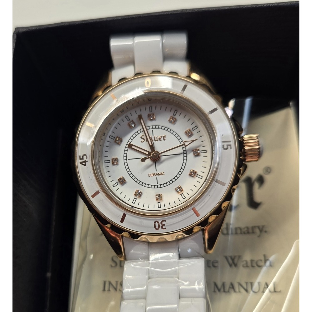 Stauer Elegante Women's Wristwatch White Band Diamond Markers Round Gold Case
